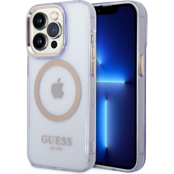 Guess Guhmp14Lhtcmu Custodia Rigida Per Iphone 14 Pro 6.1 Purpurowy/Purple Profilo Oro Traslucido Magsafe-image