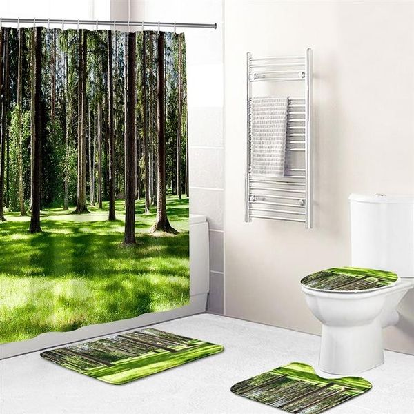 Set Da 4 Per Il Bagno Con Motivo Foresta, Con Tenda Da Doccia Impermeabile, Tappeti Antiscivolo, Coperchio Del Water E Tappetino Da Bagno, Stile 8-image