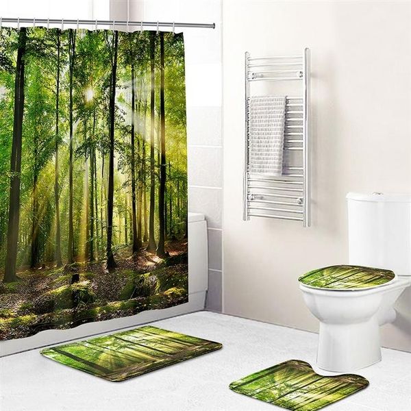 Set Da 4 Per Il Bagno Con Motivo Foresta, Con Tenda Da Doccia Impermeabile, Tappeti Antiscivolo, Coperchio Del Water E Tappetino Da Bagno, Stile 5-image
