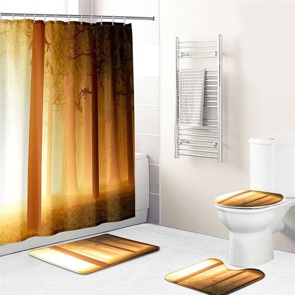Set Da 4 Per Il Bagno Con Motivo Foresta, Con Tenda Da Doccia Impermeabile, Tappeti Antiscivolo, Coperchio Del Water E Tappetino Da Bagno, Stile 4-image