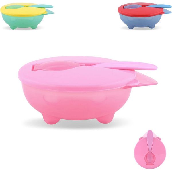 Baby Care Ciotola Per Bambini In Plastica, Cucchiaio, Coperchio, Ciotola Antiscivolo, Manico Rosa-image