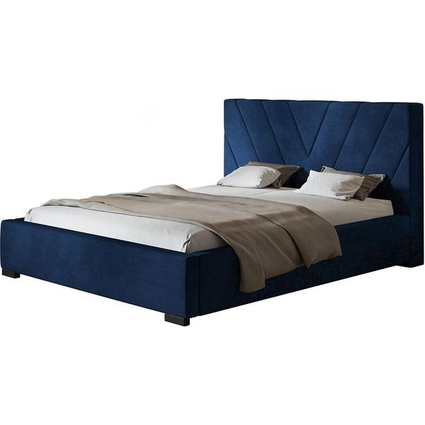 Letto Imbottito Palermo Con Testiera, 160X200 Cm, Letto Matrimoniale Con Rete E Doghe In Legno, Tessuto Velour Blu Scuro-image