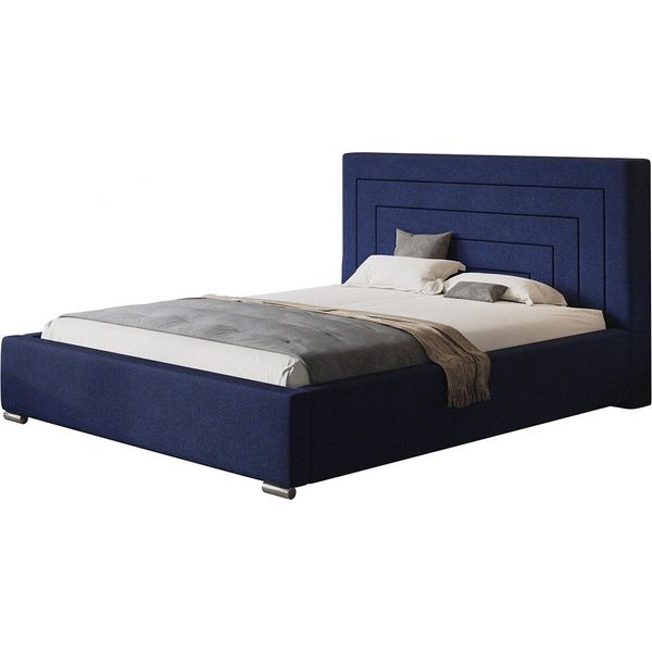 Letto Imbottito Nizza Con Testiera, 140X200 Cm, Letto Matrimoniale Con Rete E Doghe In Legno, Tessuto Blu Testurizzato-image