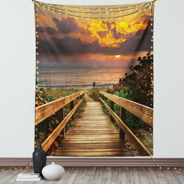 Abakuhaus Arazzo Paesaggistico, Molo Di Legno Sul Mare Tranquillo Spiaggia Idilliaca Con Erbe E Cespugli Al Tramonto Mare, Soggiorno Camera Da Letto Arazzo In Raso Setoso, 150 X 200 Cm, Multicolore-image