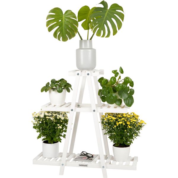 Needs&Wants® Scaffale Portafiori In Legno Resistente Alle Intemperie Per Balcone Giardino Esterno Interno Parete, Portafiori Scala, 83 X 28 X 83 Cm Di Altezza, Bianco-image
