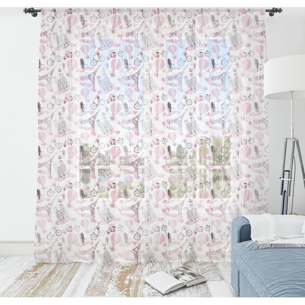 Abakuhaus Arazzo Torre Eiffel, Viaggi A Parigi Tema Luna Di Miele Fiori Romanticismo Mongolfiera Bicicletta Scarpa, Soggiorno Camera Da Letto Tessuto Da Parete In Raso Setoso, 240 Cm X 274 Cm, Bianco Rosa-image
