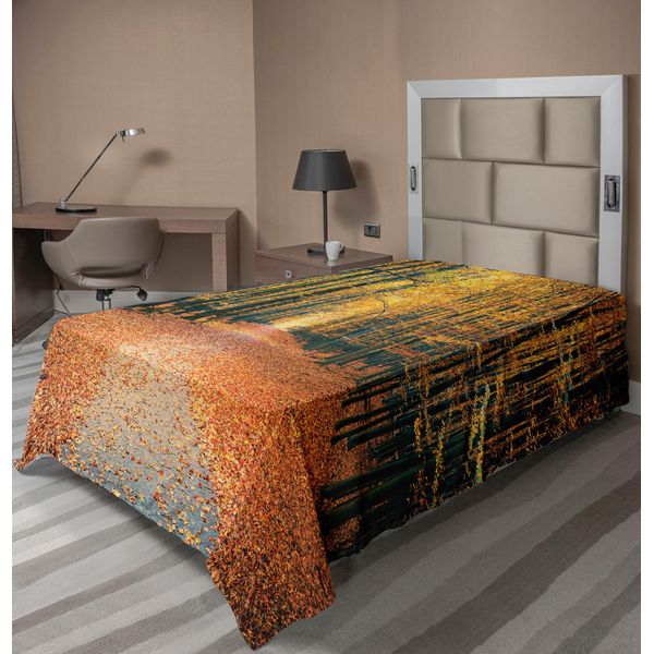 Abakuhaus Lenzuolo Da Letto, Romantico Vicolo Autunnale Nel Bosco Con Fogliame, Immagine Del Parco Nel Bosco, Lenzuolo Morbido E Confortevole Per Un Letto Decorativo, 1 Pezzo, 190 Cm X 100 Cm, Arancione, Blu, Giallo-image