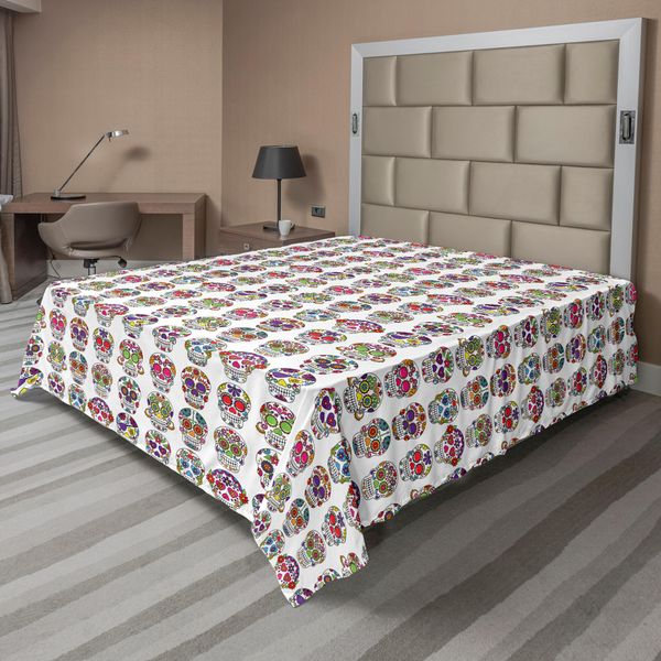 Abakuhaus Lenzuolo Con Teschi Di Zucchero, Giorno Dei Morti, Teschi Colorati Con Fiori, Motivo Artistico In Stile Messicano, Lenzuolo Morbido E Confortevole Per Un Letto Decorativo, 1 Pezzo, 260 Cm X 228 Cm, Multicolore-image
