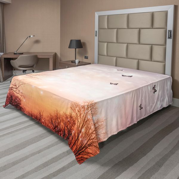 Abakuhaus Lenzuolo Con Farfalle, Fantastiche Farfalle Sugli Alberi, Romantico Disegno Fantasia Stampato, Morbido E Confortevole Lenzuolo Superiore Per Un Letto Decorativo, 1 Pezzo, 260 Cm X 228 Cm, Rosa Baby E Arancione.-image