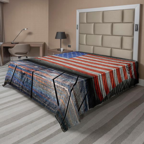 Abakuhaus Usa Lenzuolo, Quarto Di Luglio Giorno Dell'indipendenza Pavimento Rustico In Legno Immagine Con Pareti In Legno, Lenzuolo Morbido E Confortevole Per Un Letto Decorativo 1 Pezzo 260 Cm X 228 Cm, Marrone Umbra Blu Rosso-image