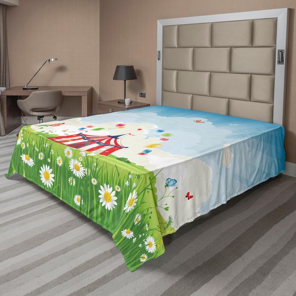 Abakuhaus Lenzuolo Da Letto Circus, Circo Itinerante Cielo Blu Fiori Farfalle Prato Verde Stampa, Lenzuolo Morbido E Confortevole Per Un Letto Decorativo 1 Pezzo 266 Cm X 260 Cm, Multicolore-image