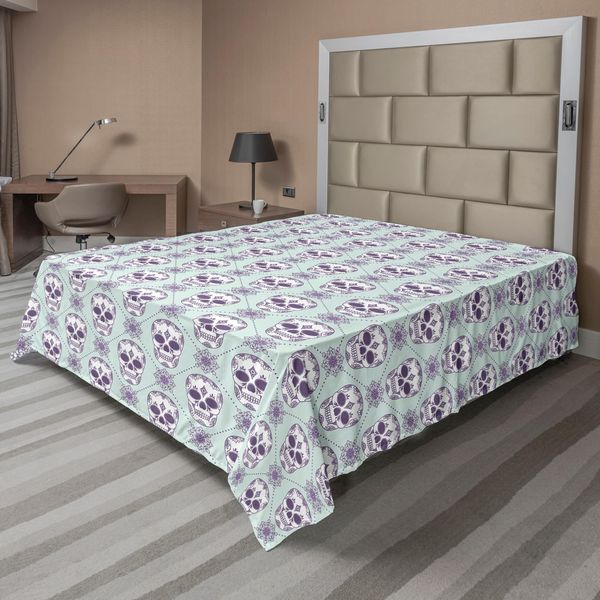 Abakuhaus Lenzuolo Sugar Skull, Motivo Floreale Con Teschi Su Sfondo Geometrico Damascato Floreale, Lenzuolo Superiore Morbido E Confortevole Per Un Letto Decorativo 1 Pezzo 244 Cm X 205 Cm, Viola Bianco Azzurro-image