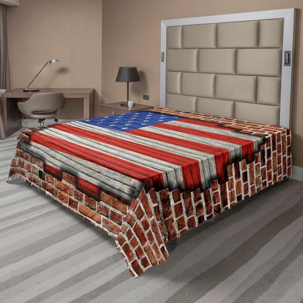 Abakuhaus Usa Lenzuolo, Quarto Di Luglio, Giorno Dell'indipendenza, Vendemmia, Muro Di Mattoni, Sfondo Architettonico Rustico, Lenzuolo Morbido E Confortevole Per Un Letto Decorativo 1 Pezzo 275 Cm X 260 Cm, Marrone Blu Rosso-image