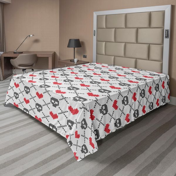 Abakuhaus Lenzuolo Con Teschi, Teschi Geometrici, Cuori, Croci, Motivo Nordico Lavorato A Maglia, Lenzuolo Morbido E Confortevole Per Un Letto Decorativo 1 Pezzo 266 Cm X 260 Cm, Grigio Cocco Rosso-image