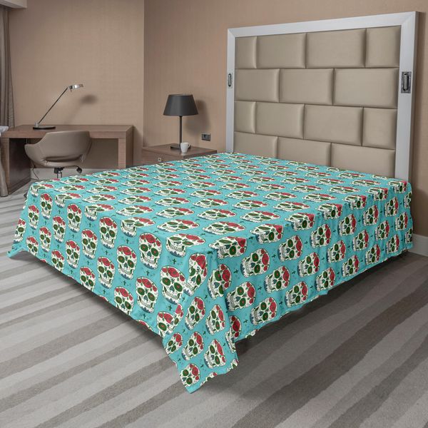 Abakuhaus Lenzuolo Con Teschi, Croci E Rose Decorati, Motivo Teschi, Cultura Sudamericana, Stile Vintage, Lenzuolo Morbido E Confortevole Per Un Letto Decorativo, 1 Pezzo, 260 Cm X 228 Cm, Verde Acqua E Rubino.-image