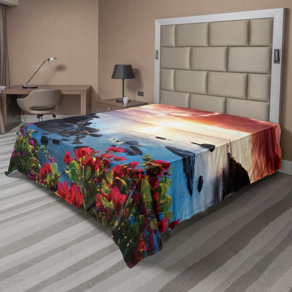 Abakuhaus Lenzuolo Da Letto, Papaveri E Garofani Fiori Primavera Mare Vista Mare Spiaggia Immagine, Morbido E Confortevole Lenzuolo Superiore Per Un Letto Decorativo 1 Pezzo 275 Cm X 260 Cm, Multicolore-image