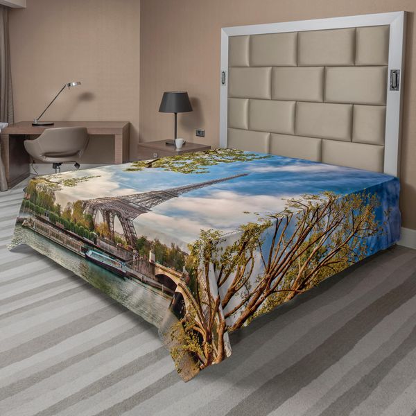 Abakuhaus Paris Lenzuolo, Torre Eiffel E Cielo Nuvoloso Foto Panoramica Primavera Parigi Viaggi Destinazione, Morbido E Confortevole Lenzuolo Superiore Per Un Letto Decorativo 1 Pezzo 266 Cm X 260 Cm, Blu Marrone-image