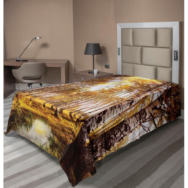 Abakuhaus Lenzuolo Con Stampa Autunnale Foresta In Sun Rays Vicino Al Fiume Al Mattino, Vista Idilliaca, Lenzuolo Morbido E Confortevole Per Un Letto Decorativo 1 Pezzo 190 Cm X 100 Cm, Marrone Bianco Giallo-image