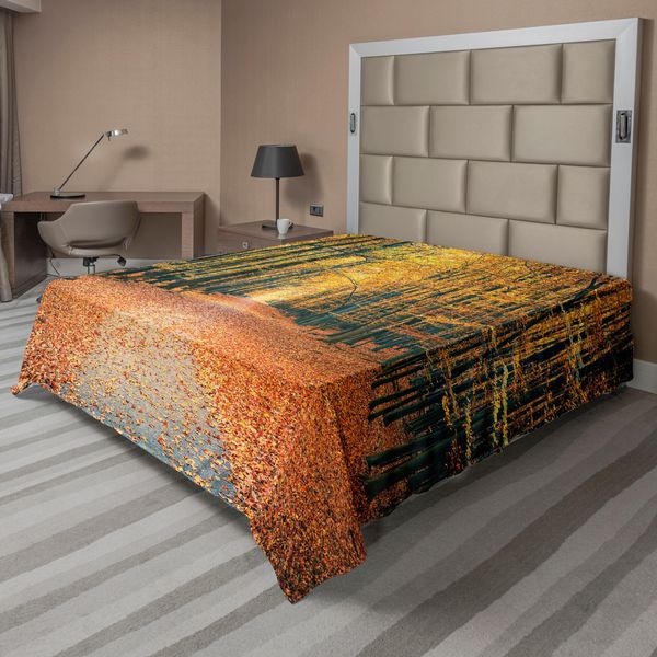 Abakuhaus Lenzuolo Da Letto, Romantico Vicolo Autunnale Nel Bosco Con Fogliame, Immagine Del Parco Boschivo, Lenzuolo Morbido E Confortevole Per Un Letto Decorativo, 1 Pezzo, 266 Cm X 260 Cm, Arancione, Blu, Giallo-image