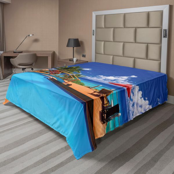 Abakuhaus Lenzuolo Da Spiaggia, Piscina Vista Sul Mare Spiaggia Con Palme Vacanze Viaggio Località Di Villeggiatura Immagine, Morbido E Confortevole Lenzuolo Superiore Per Un Letto Decorativo 1 Pezzo 275 Cm X 260 Cm, Multicolore-image