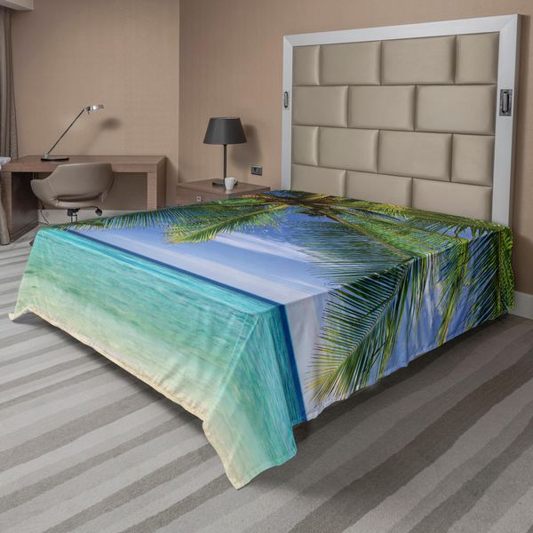 Abakuhaus Lenzuolo Ocean, Panorama Tropicale Paradisiaco Alle Maldive Con Palme Su Sfondo Di Cielo Blu E Costa, Morbido E Confortevole Lenzuolo Superiore Per Un Letto Decorativo 1 Pezzo 244 Cm X 205 Cm, Verde Acquamarina Blu-image