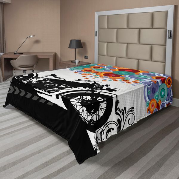 Abakuhaus Lenzuolo Da Letto Maschile, Motocicletta E Cerchio Astratto Formano Un Motivo Decorativo In Stile Urbano Moderno, Lenzuolo Morbido E Confortevole Per Un Letto Decorativo 1 Pezzo 260 Cm X 228 Cm, Multicolore-image