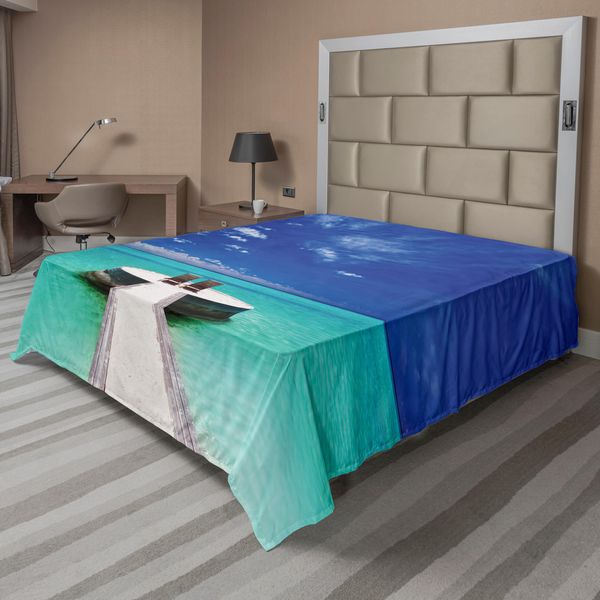 Abakuhaus Lenzuolo Da Letto, Idilliaca Laguna Delle Maldive Luna Di Miele Vacanza Romantica Vacanza Al Mare Immagine, Morbido E Comodo Lenzuolo Superiore Per Un Letto Decorativo 1 Pezzo 260 Cm X 228 Cm, Turchese Bianco Blu-image