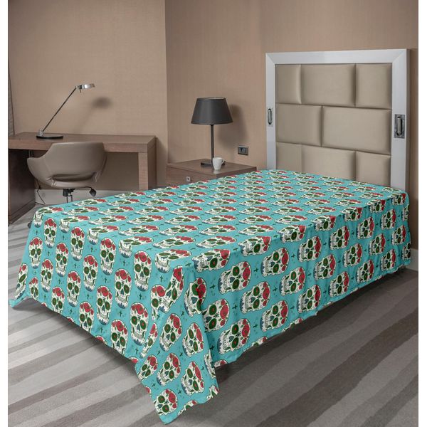 Abakuhaus Lenzuolo Con Teschi, Croci E Rose Decorati, Motivo Teschi, Cultura Sudamericana, Stile Vintage, Lenzuolo Morbido E Confortevole Per Un Letto Decorativo, 1 Pezzo, 260 Cm X 168 Cm, Verde Acqua E Rubino.-image