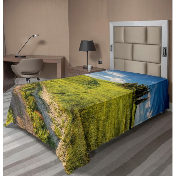 Abakuhaus Toscana Lenzuolo, Toscana Italia Fuga Dreamland Terra Coltivata Fiori Selvatici Primavera, Morbido E Confortevole Lenzuolo Superiore Per Un Letto Decorativo 1 Pezzo 190 Cm X 100 Cm, Verde Felce Azzurro Cielo-image