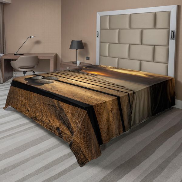 Abakuhaus Lenzuolo Da Letto Ocean, Mar Nero All'alba Immagine Dal Design Tranquillo, Lenzuolo Superiore Morbido E Confortevole Per Un Letto Decorativo 1 Pezzo 260 Cm X 228 Cm, Giallo Marrone Grigio-image