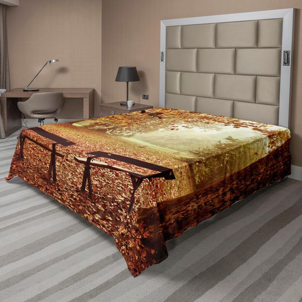 Abakuhaus Lenzuolo Autunnale, Scena Drammatica Con Bosco Autunnale E Panchine Di Legno Antiche, Lenzuolo Morbido E Confortevole Per Un Letto Decorativo, 1 Pezzo, 275 Cm X 260 Cm, Multicolore-image