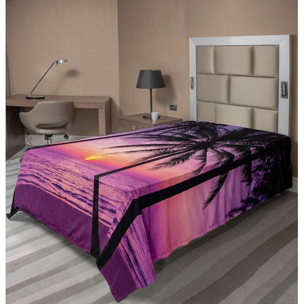 Abakuhaus Lenzuolo Ocean, Silhouette Di Palme Al Tramonto Immagine Esotica Da Sogno Del Paesaggio Al Crepuscolo, Lenzuolo Morbido E Confortevole Per Un Letto Decorativo 1 Pezzo 260 Cm X 168 Cm, Nero Viola-image