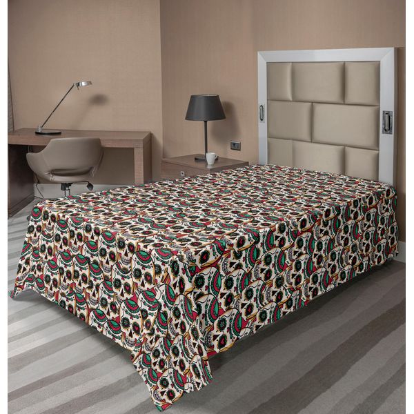 Abakuhaus Lenzuolo Con Teschi Di Zucchero, Teschi Inquietanti Con Motivo Floreale Paisley, Arte Del Giorno Dei Morti, Lenzuolo Morbido E Confortevole Per Un Letto Decorativo, 1 Pezzo, 260 Cm X 168 Cm, Crema, Verde, Rosso-image
