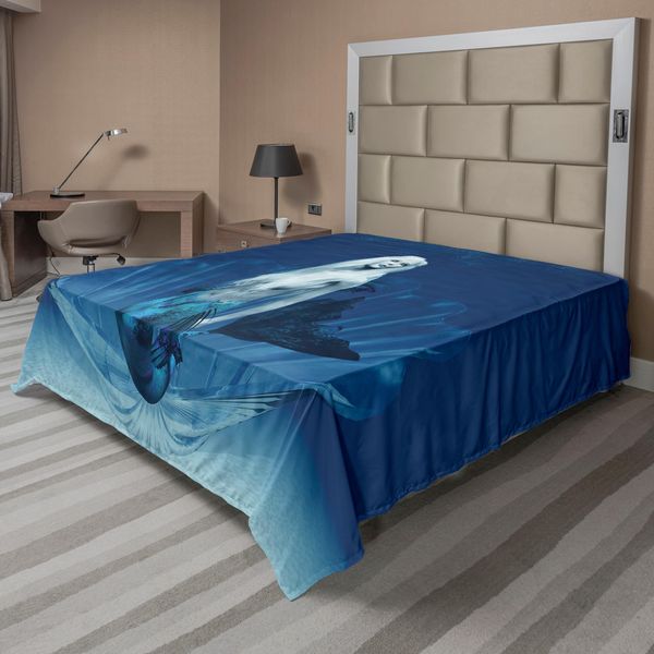 Abakuhaus Lenzuolo Con Sirena, Regina Sirena Realistica Nelle Profondità Dell'oceano, Grafica Aquafantasie, Lenzuolo Morbido E Confortevole Per Un Letto Decorativo, 1 Pezzo, 266 Cm X 260 Cm, Blu E Bianco-image
