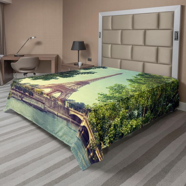 Abakuhaus Paris Lenzuolo, Torre Eiffel, Senna, Francia, Europa, Immagine Iconica, Lenzuolo Morbido E Confortevole Per Un Letto Decorativo, 1 Pezzo, 266 Cm X 260 Cm, Verde Mandorla, Marrone Chiaro-image