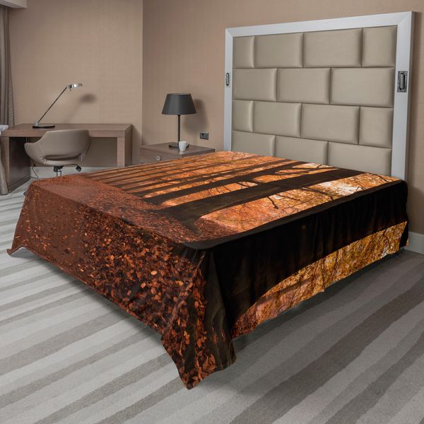 Abakuhaus Lenzuolo Da Letto, Sentiero Escursionistico Autunnale Nella Foresta Incantata Autumn Colors, Morbido E Confortevole Lenzuolo Superiore Per Un Letto Decorativo 1 Pezzo 275 Cm X 260 Cm, Arancione Scuro Marrone Scuro-image
