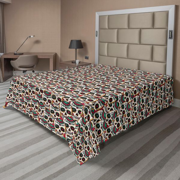 Abakuhaus Lenzuolo Con Teschi Di Zucchero, Teschi Inquietanti Con Motivo Floreale Paisley, Arte Del Giorno Dei Morti, Lenzuolo Morbido E Confortevole Per Un Letto Decorativo, 1 Pezzo, 275 Cm X 260 Cm, Crema, Verde, Rosso-image