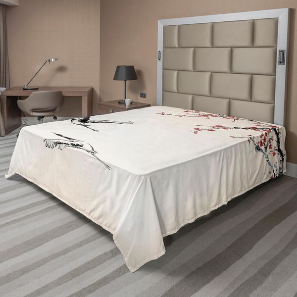 Abakuhaus Lenzuolo Con Uccelli, Rami Di Ciliegio Giapponese Con Rondini In Volo Colori Primaverili, Lenzuolo Morbido E Confortevole Per Un Letto Decorativo 1 Pezzo 275 Cm X 260 Cm, Rosso Grigio Ecru-image