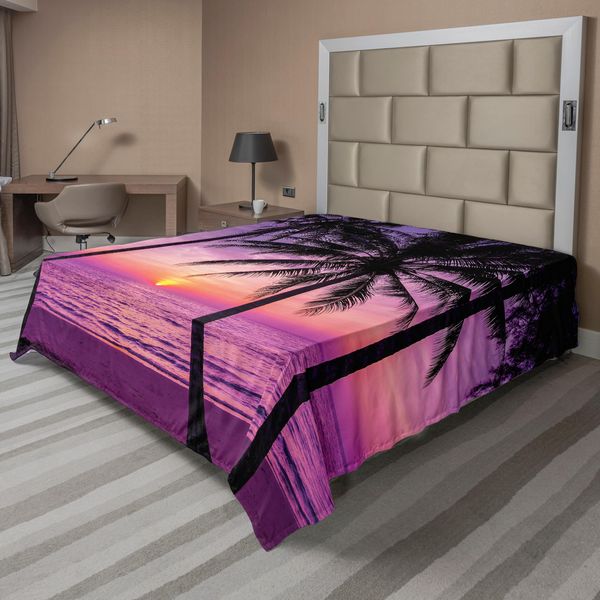 Abakuhaus Lenzuolo Ocean, Silhouette Di Palme Al Tramonto Immagine Esotica Da Sogno Del Paesaggio Al Crepuscolo, Lenzuolo Morbido E Confortevole Per Un Letto Decorativo 1 Pezzo 244 Cm X 205 Cm, Nero Viola-image
