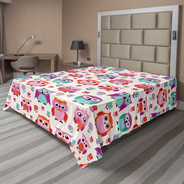 Abakuhaus Lenzuolo Con Gufi, Infanzia Felice Con Gufi Illustrazione Moderna Hipster Con Motivo Animale Ripetuto, Lenzuolo Morbido E Confortevole Per Un Letto Decorativo 1 Pezzo 275 Cm X 260 Cm, Arancione Fucsia Seafoam-image