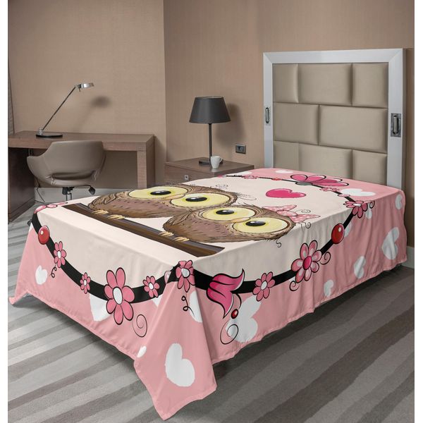 Abakuhaus Lenzuolo Con Gufi, Bella Coppia Di Gufi Su Un Ramo, Ghirlanda Di Fiori, Festeggiamenti, Motivo Allegro E Accattivante, Lenzuolo Morbido E Confortevole Per Un Letto Decorativo, 1 Pezzo, 260 Cm X 168 Cm, Giallo Chiaro, Marrone, Rosso Corallo.-image