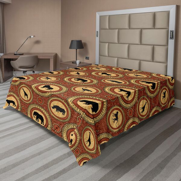 Abakuhaus Lenzuolo Safari, Motivo Etnico Africano Con Medaglione, Giraffe, Elefanti, Leoni E Rinoceronti, Lenzuolo Morbido E Confortevole Per Un Letto Decorativo, 1 Pezzo, 275 Cm X 260 Cm, Senape E Marrone-image