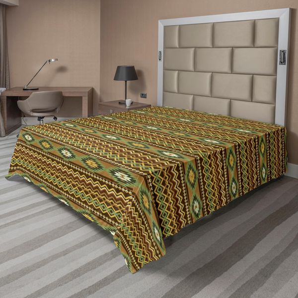 Abakuhaus Lenzuola Locali, Stampa Etnica Tribale Primitiva E Antiquata Con Motivi Indigeni, Lenzuolo Superiore Morbido E Confortevole Per Un Letto Decorativo 1 Pezzo 260 Cm X 228 Cm, Color Cachi Senape E Marrone-image