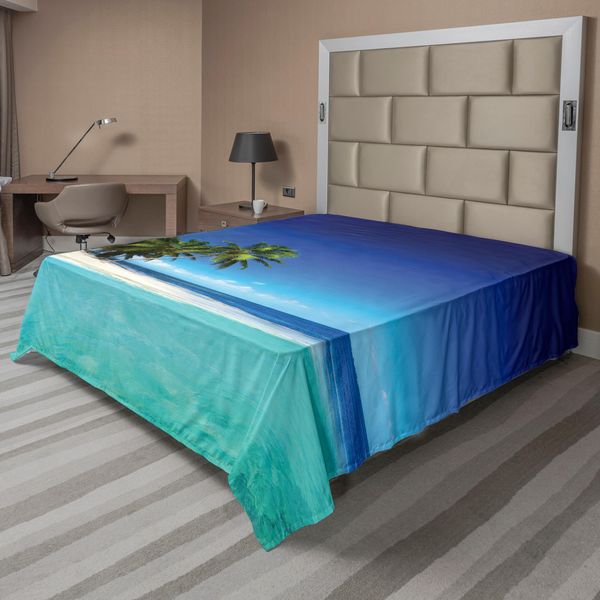 Abakuhaus Lenzuolo Ocean, Vista Costiera Isola Tropicale Costa Cielo Nuvole Giungla Paesaggio Naturale Sabbia, Lenzuolo Morbido E Confortevole Per Un Letto Decorativo 1 Pezzo 266 Cm X 260 Cm, Blu Reale Turchese-image