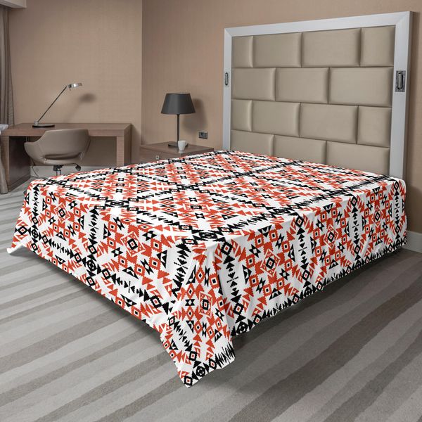 Abakuhaus Lenzuolo Etnico, Antico Motivo Geometrico Retrò In Stile Azteco, Morbido E Confortevole Lenzuolo Superiore Per Un Letto Decorativo 1 Pezzo 266 Cm X 260 Cm, Arancione Nero Bianco-image