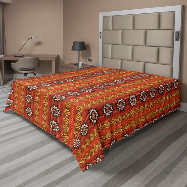 Abakuhaus Lenzuolo Arancione, Motivo Etnico Indigeno Culturale, Bordi Tradizionali, Lenzuolo Morbido E Confortevole Per Un Letto Decorativo, 1 Pezzo, 244 Cm X 205 Cm, Arancione, Giallo E Bianco-image