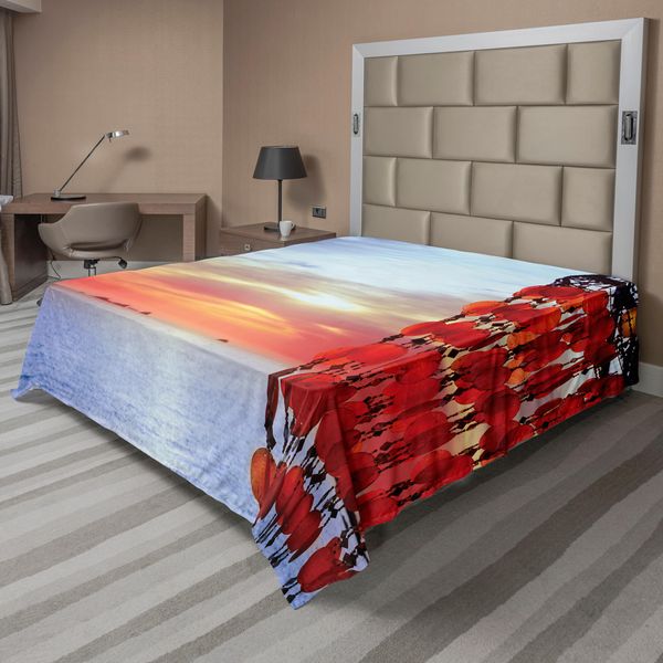 Abakuhaus Lenzuolo Da Letto, Acchiappasogni Ibiza Tramonto Mediterraneo Immagine Viaggio Vacanza Tema Immagine, Morbido E Confortevole Lenzuolo Superiore Per Un Letto Decorativo 1 Pezzo 260 Cm X 228 Cm, Rosso Corallo Blu Rosso-image