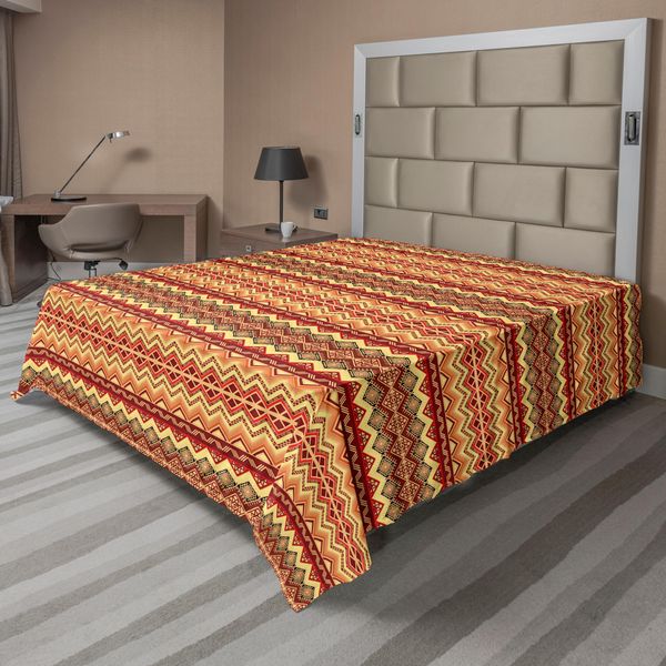 Abakuhaus Lenzuolo Astratto, Design Artistico Astratto Con Stampa Etnica Azteca, Lenzuolo Morbido E Confortevole Per Un Letto Decorativo 1 Pezzo 244 Cm X 205 Cm, Arancione E Giallo-image