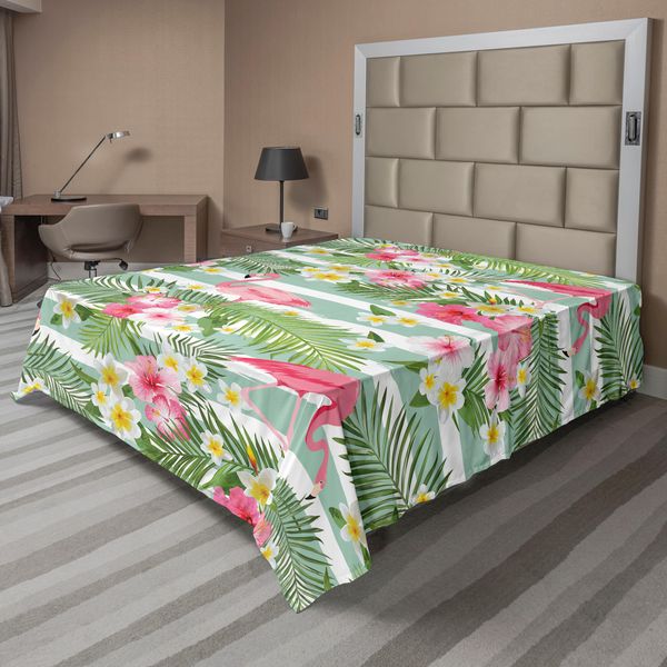 Abakuhaus Lenzuolo Flamingo, Fenicotteri Con Foglie Esotiche Hawaiane Su Sfondo Vintage A Righe, Lenzuolo Morbido E Confortevole Per Un Letto Decorativo 1 Pezzo 244 Cm X 205 Cm, Verde Bianco Rosa-image