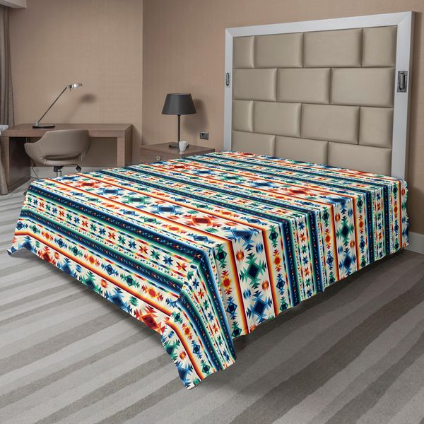 Abakuhaus Lenzuolo Astratto, Motivo Tribale Astratto Senza Cuciture, Geometrico Azteco Antico, Lenzuolo Morbido E Confortevole Per Un Letto Decorativo 1 Pezzo 266 Cm X 260 Cm, Blu, Bianco E Arancione-image